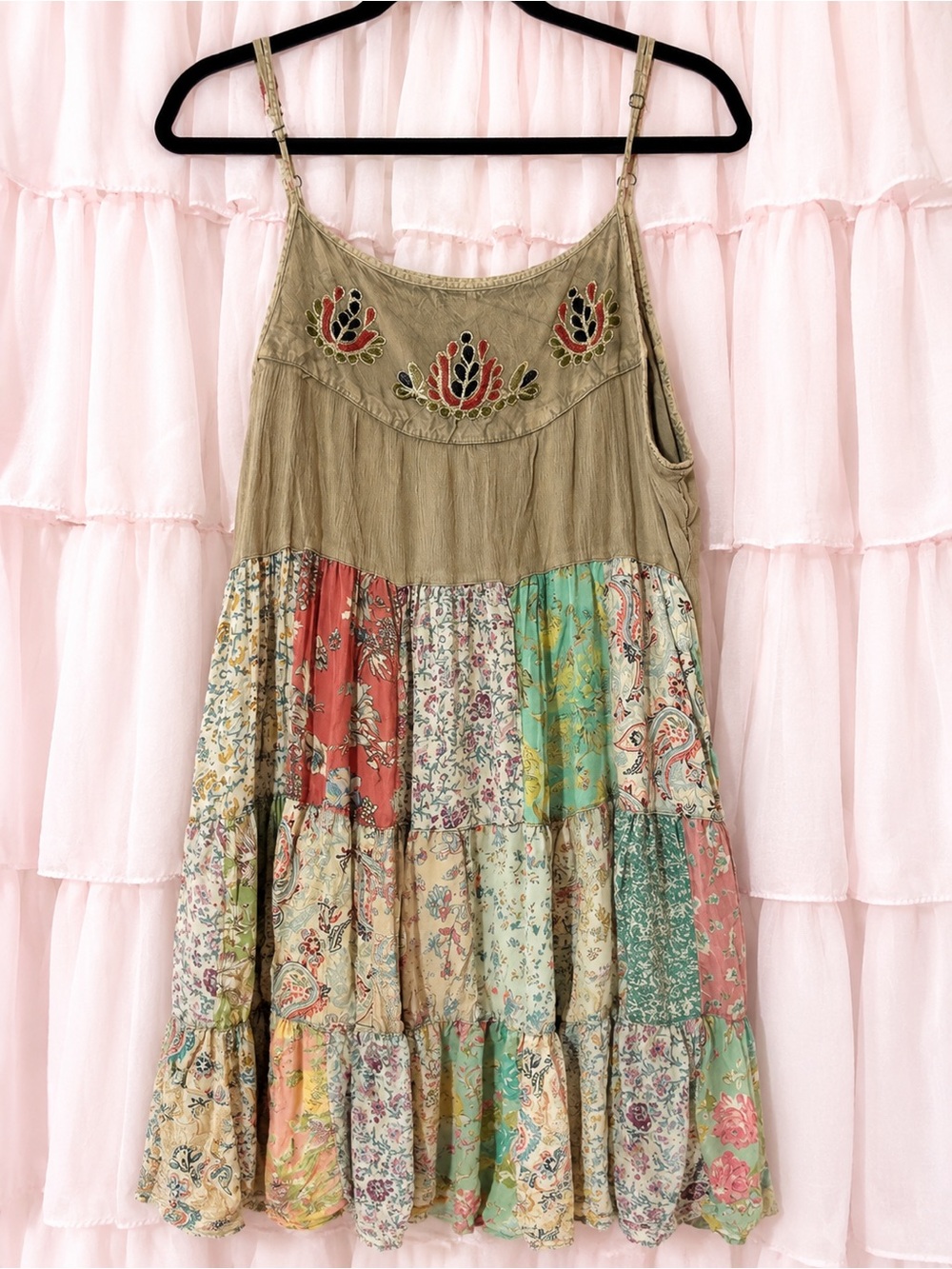 Young Threads Boho Patchwork Spaghetti Strap Dress in Olive and Pastel Floral